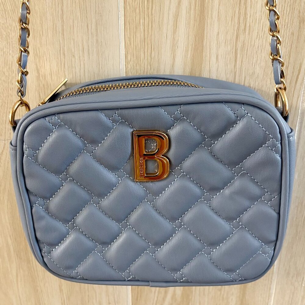 NEW Bebe small light blue quilted crossbody chain strap zip closure